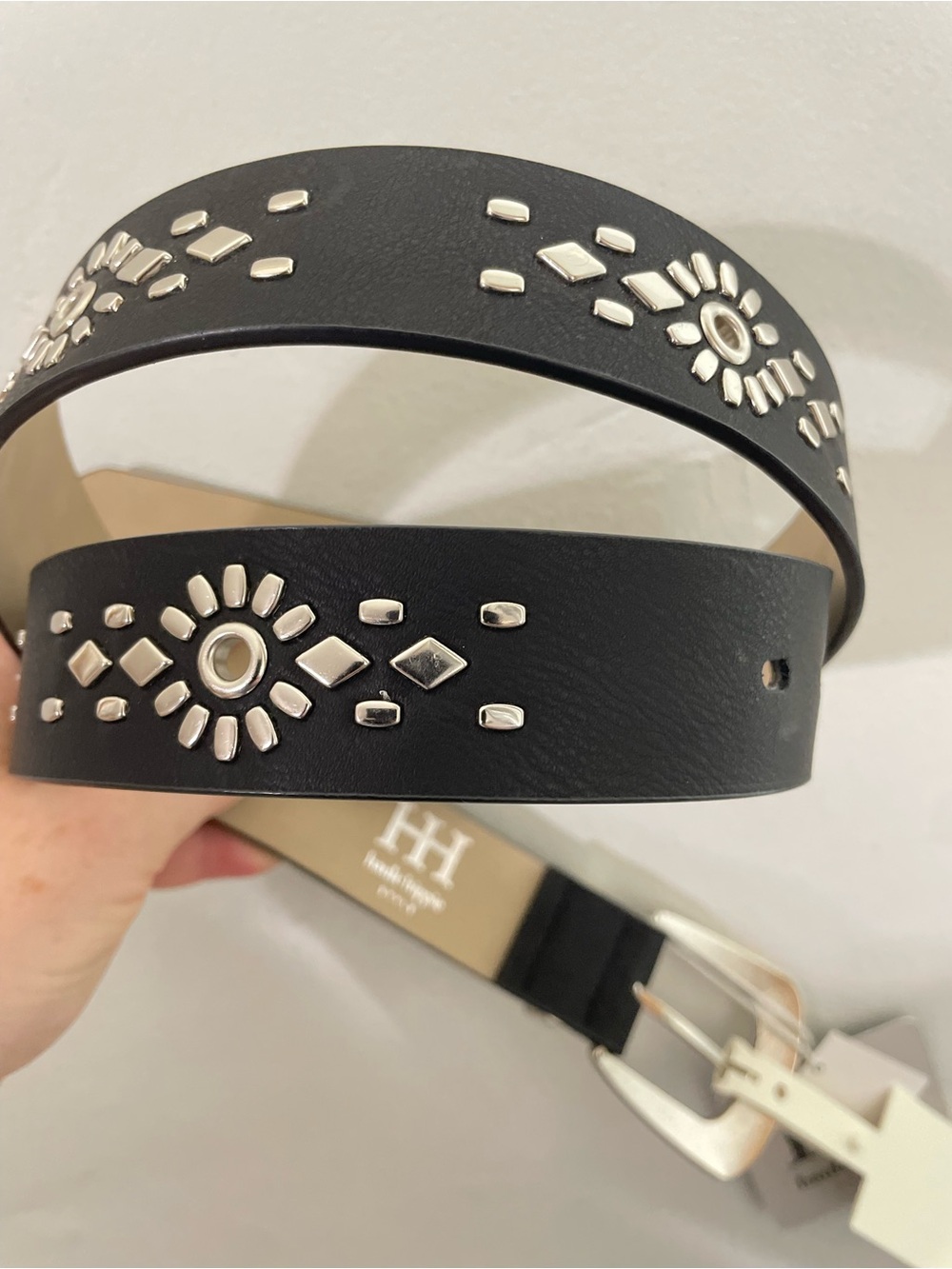 Haute Hippie Black Faux Leather Studded Belt with Silver Buckle Sz. L - Picture 9 of 12